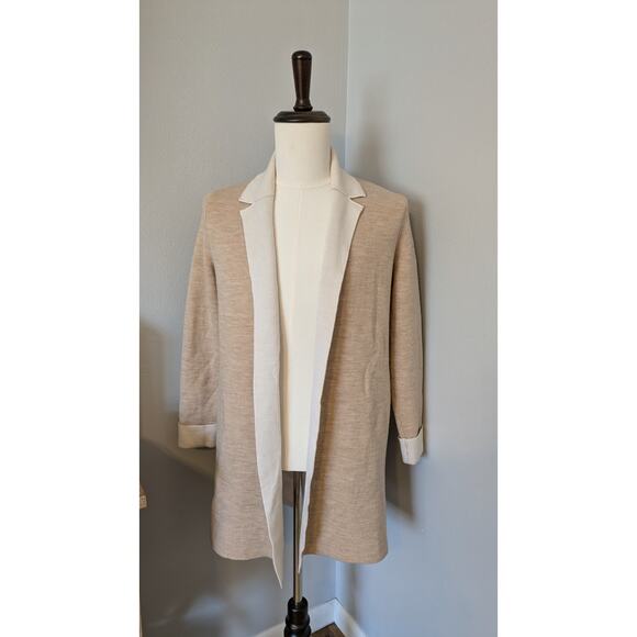 Talbots Sweater Women's Medium Tan Beige Long Cardigan Merino Wool Open Coatigan - Picture 1 of 10